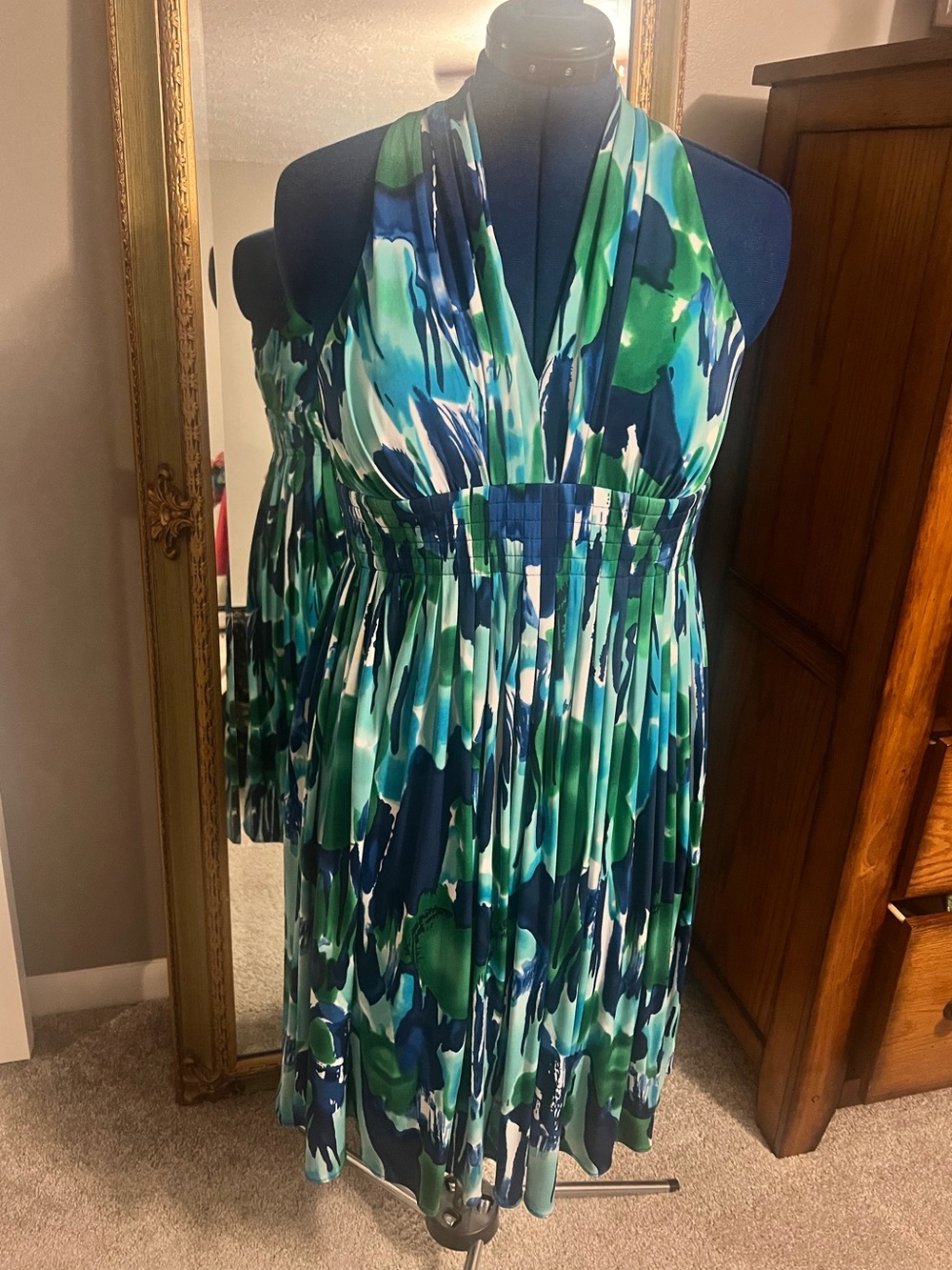 Calvin Klein Blue, Green & White Abstract Sleeveless halter Dress
